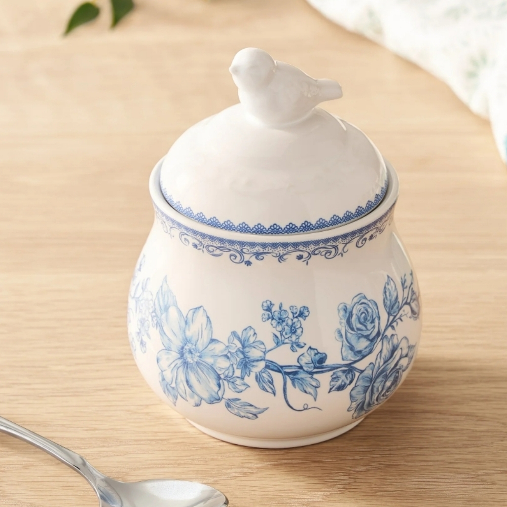 💕 New 2025 Pioneer Woman Agatha Blue and White Floral Sugar Bowl With Lid